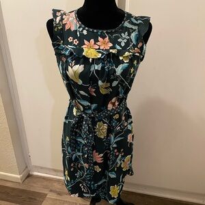 LOFT  Dark Green and Yellow Dress  Mini Dress with Tie